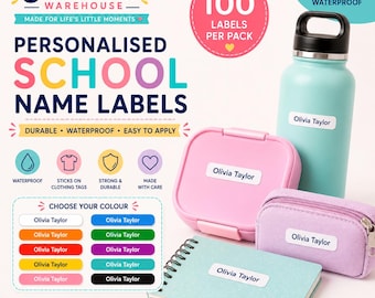 100 Personalised Vinyl Stick On Name Labels Stickers Tags School Kids Waterproof