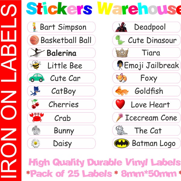 25 Custom Name IRON ON Personalised Name with Image Labels Stickers Tags School Kids Uniform Clothes