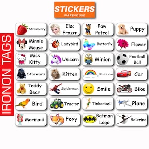 May include: A set of 20 iron-on labels featuring various cartoon characters and designs. The labels are white with black outlines and include images of a strawberry, Elsa from Frozen, Paw Patrol, a puppy, Minnie Mouse, a ladybug, a butterfly, a flower, Hello Kitty, a unicorn, a minion, a football, Darth Vader, a kitten, a rainbow, a car, a teddy bear, Spiderman, a smiley face, a motorbike, a bird, a tractor, Tinkerbell, a plane, a mermaid, a fox, the Batman logo, and a ballerina.