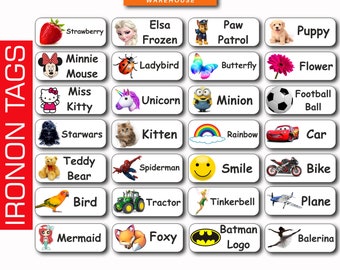 25 Rectangular Custom Name IRON ON Personalised Name with Image Labels Stickers Tags School Kids Uniform Clothes
