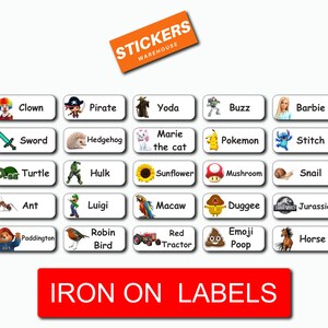 May include: Iron-on labels featuring a variety of cartoon characters and names, including Clown, Pirate, Yoda, Buzz, Barbie, Sword, Hedgehog, Marie the cat, Pokemon, Stitch, Turtle, Hulk, Sunflower, Mushroom, Snail, Ant, Luigi, Macaw, Duggee, Jurassic, Paddington, Robin Bird, Red Tractor, Emoji Poop, and Horse.
