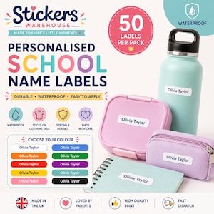 50 Personalised Vinyl Stick On Name Labels Stickers Tags School Kids Waterproof