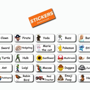 May include: A set of 20 colourful stickers featuring various characters and objects, including a clown, pirate, Yoda, Buzz Lightyear, Barbie, sword, hedgehog, Marie the cat, Pokemon, Stitch, turtle, Hulk, sunflower, mushroom, snail, ant, Luigi, macaw, Duggee, Jurassic World, Paddington Bear, Robin Bird, red tractor, emoji poop, and a horse. The stickers are arranged in a grid pattern on a white background. The text "STICKERS WAREHOUSE" is displayed in a bright orange box at the top of the image.
