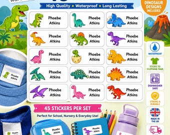 45 Personalised Name Dinosaurs Stickers | Waterproof Labels for School Belongings