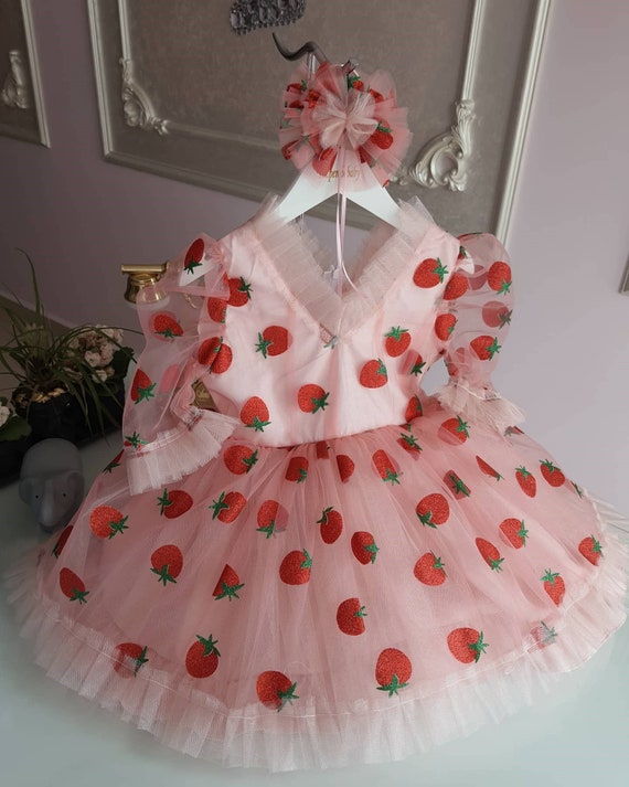 strapless open back dress NEW 2024 Strawberry Cake Tulle Dress or Romper for Baby Girl, Toddler –  AmimamiDoll main image 1