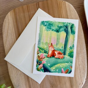 Carte postale illustrée - biche et faon