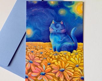 Cartolina illustrata - gatto nella notte stellata