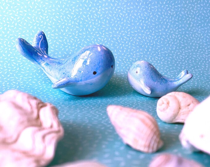Image showcasing Mini Blue Whale Figurine and Her Baby - Animal Sculpture - Small Gift ...