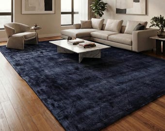 Luxury Handmade Viscose Area Rug Navy Blue Solid Geometric Diamond Pattern Handloom Carpet Textured Modern Living Room Bedroom Home Decor