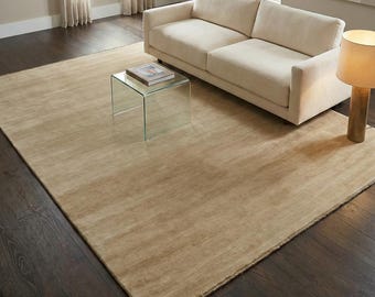 Luxury Handwoven Wool Area Rug with Tassel Warm Beige Tone Textured Carpet Modern Farmhouse Style Handloom Living Room Bedroom Home Decor