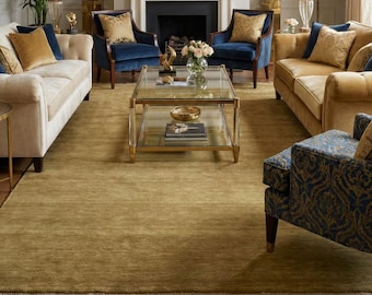 Handwoven Solid Olive Green Wool Area Rug Handloom Carpet in Earthy Tones Sustainable Natural Fiber Living Room Bedroom Eco-Friendly Decor