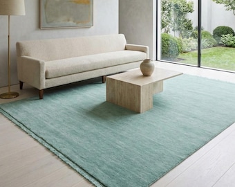 Luxurious Handwoven Solid Wool Area Rug in Soft Seafoam Green Handloom Carpet for Living Room Bedroom Artisan Crafted for Modern Interiors