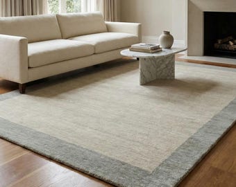 Luxury Handwoven Wool Area Rug Neutral Greige with Soft Gray Border Carpet Sustainable Textured Handloom for Modern Living Room and Bedroom