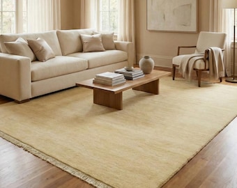 Handloom Solid Dusty Yellow Wool Area Rug Modern Handwoven Carpet Eco-Friendly Natural Fiber Luxury Floor Mat for Living Room Bedroom Decor