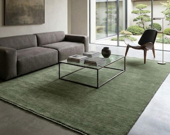 Handwoven Green Wool Area Solid Color Handloom Carpet Living Room Bedroom Modern Organic Home Decor Sustainable Artisan Vintage Inspired Rug