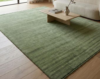 Tapete de lã com franjas, tecido à mão, verde, tapete artesanal ecológico para sala de estar, quarto, decoração moderna, sustentável e artesanal para casa.