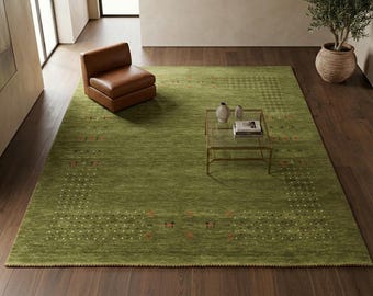 Handwoven Green Wool Gabbeh Rug Tribal Handloom Area Carpet with Geometric Animal Motifs Modern Boho Living Room Bedroom Home Decor