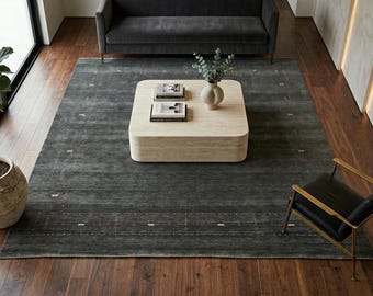 Handloom Green Grey Gabbeh Wool Rug Tribal Handwoven Carpet Motifs Border Modern Boho Chic Area Sustainable Living Room Bedroom home Decor