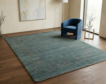 Handloom Dusty Blue Gray Gabbeh Wool Rug Handwoven Tribal Motifs Carpet Modern Boho Area Living Room Bedroom Eco-Friendly Home Decor