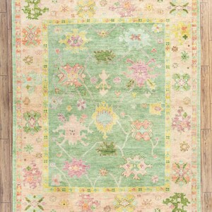 Cadet Green Pink Oushak Rug, Contemporary Modern Area Rug, Olive Beige Turkish Rug, Ivory Accent Wool Rug, Geometric hand knotted floral rug
