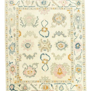 Handmade Wool Rug, Ivory Oushak Rug Floral Design, Sky Blue Green & Blush Color Area Rug, Large Turkish Rug, Modern Carpet floral area rug