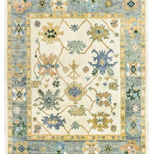 Handmade Wool Rug, Ivory Oushak Rug Floral Design, Sky Blue Green & Blush Color Area Rug, Large Turkish Rug, Modern Carpet floral area rug