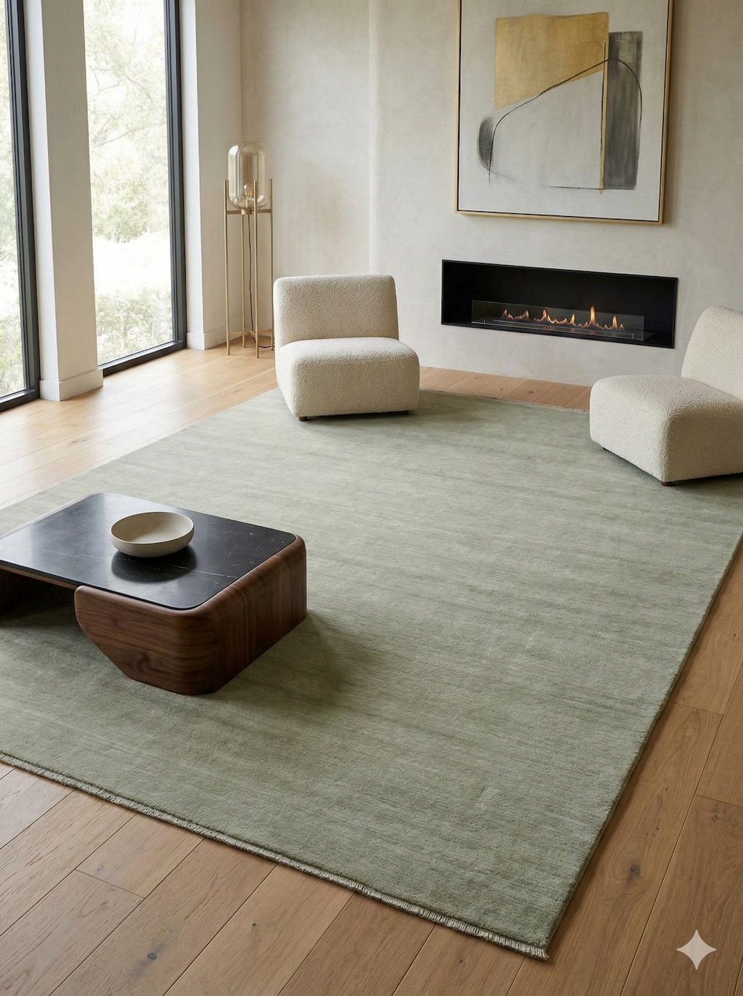 Handwoven Light Green Solid Wool Area Rug Handloom Eco-friendly