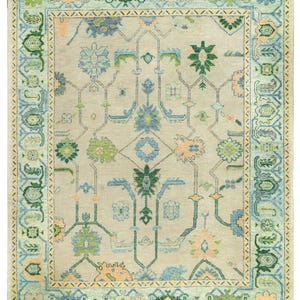 Light Green ivory White Oushak Rug, Area Rug Ivory Olive Blue Coral, Pastel Color Wool Rug, Oriental Rug For Modern Living Room hand knotted