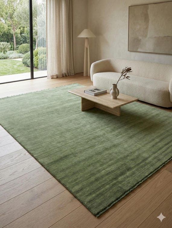 Handgewebter Wollfransen Teppich Grün Handgewebter Teppich Umweltfreundliche Matte für Wohnzimmer Schlafzimmer Moderne Nachhaltige Handwerklich Gewebte Wohnkultur