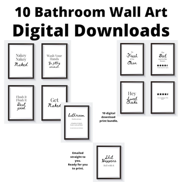 10 Bathroom Fun Wall Art Print Combo/Set - Digital Download. Fun Cheeky Bathroom Signs for Home, Housewarming, Decor, Decoration