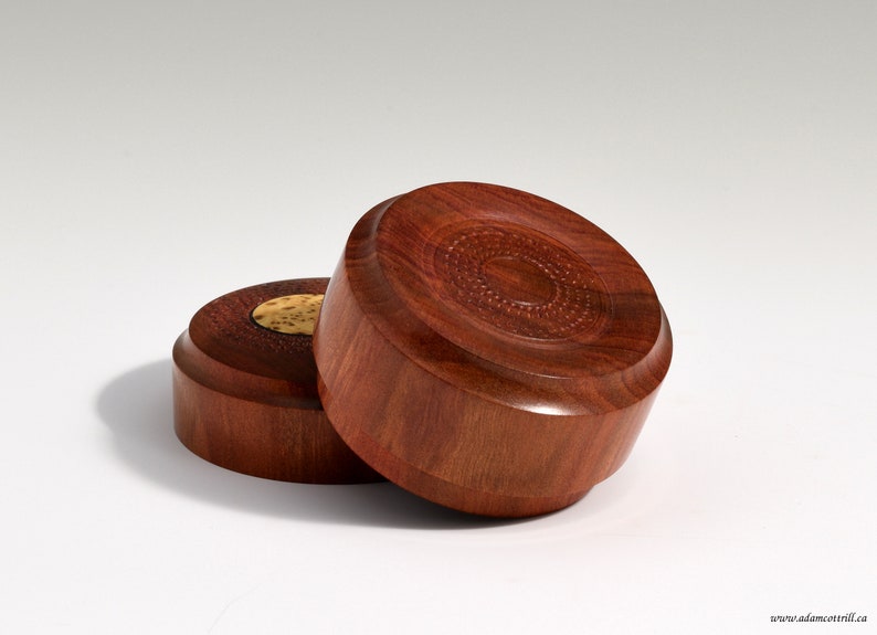 Turned Redheart Ring Box with Offset Yellow Burl Inlay