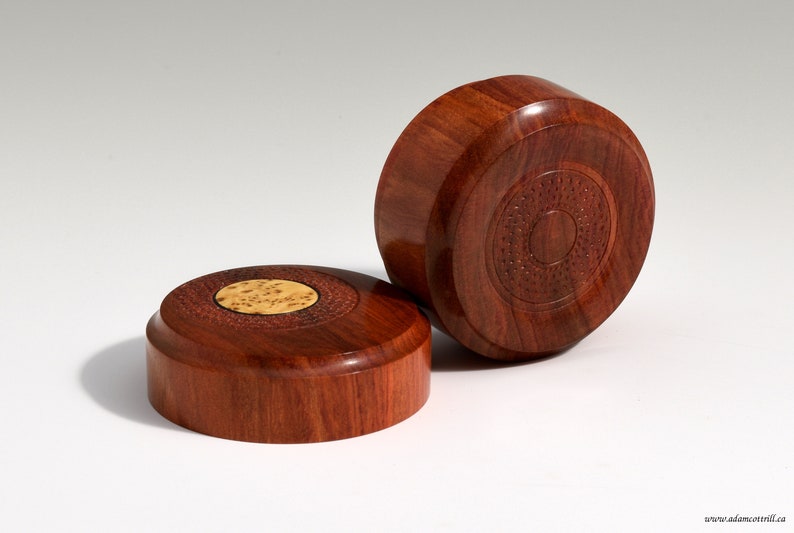 Turned Redheart Ring Box with Offset Yellow Burl Inlay