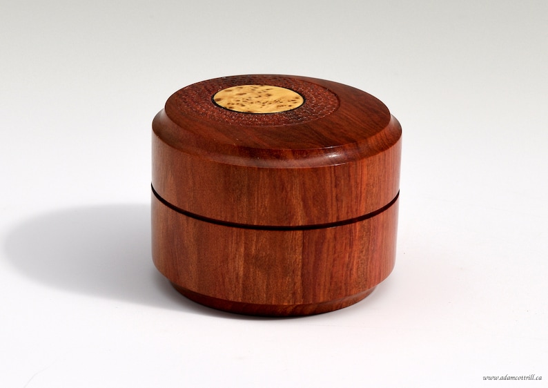 Turned Redheart Ring Box with Offset Yellow Burl Inlay