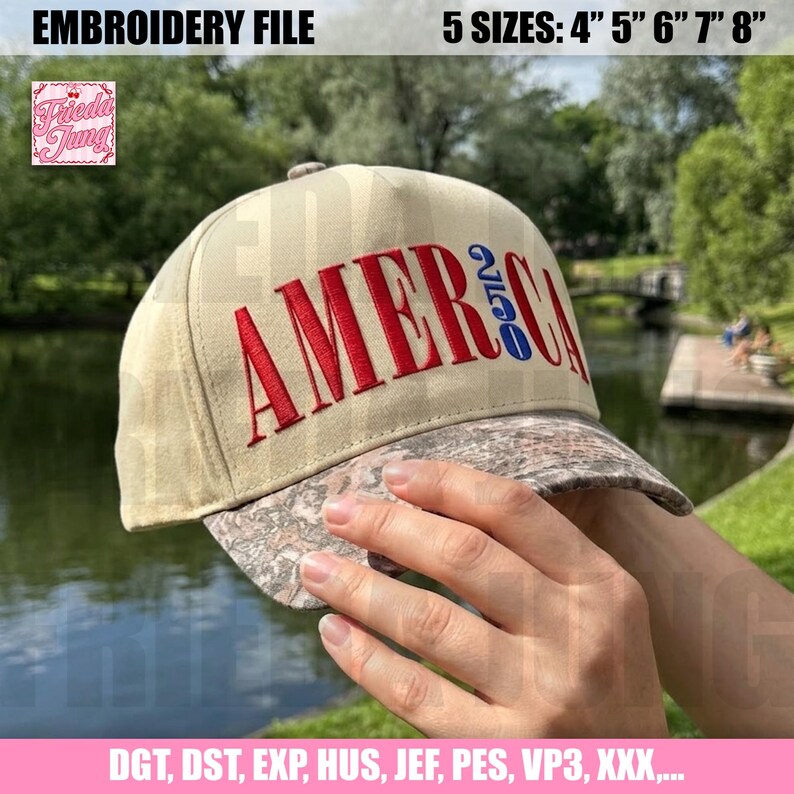 Peut inclure: Casquette de baseball beige avec le mot "AMERICA" brod&eacute; en rouge et bleu. La visi&egrave;re pr&eacute;sente un motif camouflage. Disponible en 5 tailles : 10,16 cm, 12,7 cm, 15,24 cm, 17,78 cm et 20,32 cm.