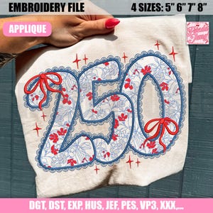 APPLIQUE Embroidery Design File: 250th Anniversary, Coquette Bow Lace, 4th Of July, American 1776-2026, Independence Day Patriotic Patchwork