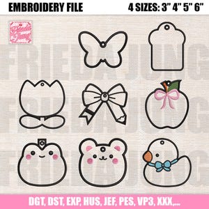 Könnte beinhalten: Eine Stickdatei mit neun verschiedenen Designs, darunter ein Schmetterling, ein Anhänger, eine Tulpe, eine Schleife, ein Apfel, ein Bär und eine Ente. Die Datei ist in vier Größen erhältlich: 7,6 cm, 10,2 cm, 12,7 cm und 15,2 cm. Der Text "EMBROIDERY FILE" und "4 SIZES: 3" 4" 5" 6"" sind sichtbar.