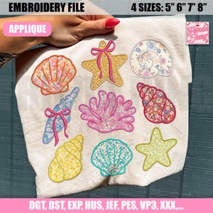 APPLIQUE Embroidery File: Summer Vibes Beach Sea Shells Starfish, Coquette Bow Coastal Beach Design
