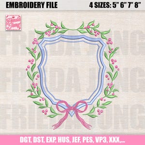 Embroidery File: Monogram Wreath Frame, Baby Floral Shield Crest, Name Plate Pattern For Newborn