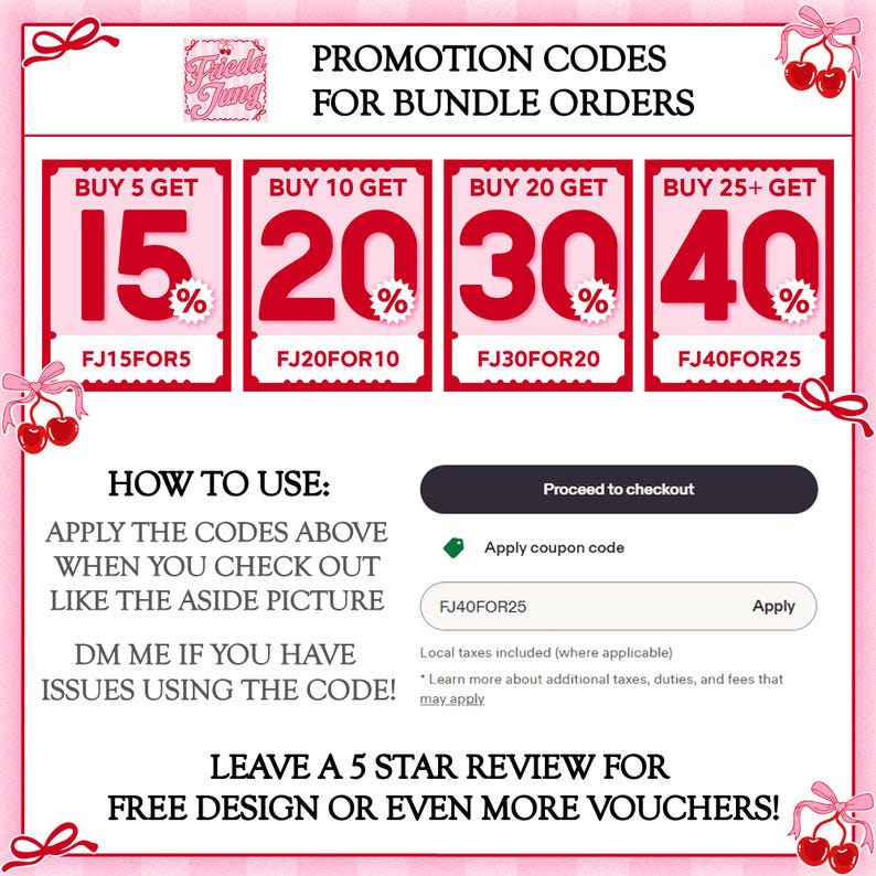Peut inclure: Graphique promotionnel rose avec du texte offrant des r&eacute;ductions sur les commandes group&eacute;es. Achetez-en 5, obtenez 15 %, achetez-en 10, obtenez 20 %, achetez-en 20, obtenez 30 % et achetez-en 25+, obtenez 40 % de r&eacute;duction. Instructions incluses.