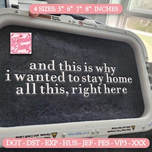 May include: An embroidery hoop with the text "and this is why I wanted to stay home all this, right here." The image also includes the text "4 SIZES: 12.7cm 15.2cm 17.8cm 20.3cm INCHES" and the Frieda Jung logo.
