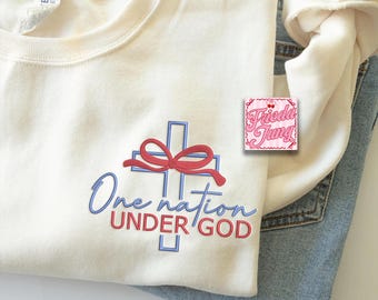 Embroidery Design File: One Nation Under God, Coquette Bow Cross, Jesus Lover, 4th Of July Coquette, Patriotic Christian, Independence Day