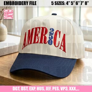 Peut inclure: Casquette de baseball avec une couronne cr&egrave;me et une visi&egrave;re bleu marine. Le mot "AMERICA" est brod&eacute; en rouge sur le devant, avec "250" en bleu. La casquette est disponible en tailles de 10, 12, 15, 18 et 20 cm.