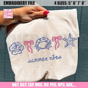 Embroidery File: Summer Vibes, Crab Flower Coquette Bow, Starfish Beach Design