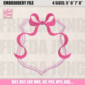 Könnte beinhalten: Rosa Stickdatei mit einem schildförmigen Design mit Schleife und Band. Der Text "EMBROIDERY FILE" und "4 SIZES: 5" 6" 7" 8"" sind sichtbar. Die Dateiformate umfassen DGT, DST, EXP, HUS, JEF, PES, VP3 und XXX.