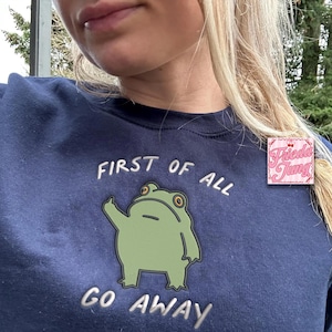 May include: Navy blue sweatshirt with the embroidered text "FIRST OF ALL GO AWAY" and a green frog graphic. The frog is giving the middle finger. A small pink square with the text "Frieda Jung" is on the right side.