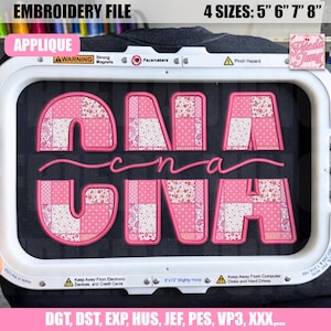 May include: Pink applique embroidery file with the name "ONA CINA" in a patchwork design. The design is displayed on a black background within an embroidery hoop. The file is available in 4 sizes: 5", 6", 7", and 8".