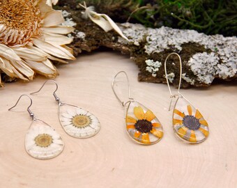 Pressed Daisy Earrings | Real Daisy Earrings | White Daisy Jewelry | Real Pressed Flower Earrings | Yellow Pressed Flower Resin Earrings