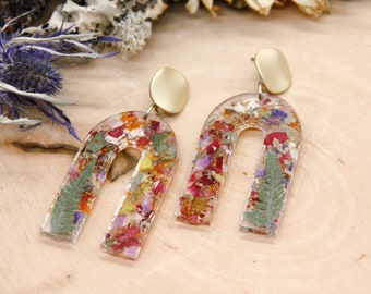 Real Pressed Flower in Resin | Colorful Flower Jewelry | Real Pressed Flower Arch Earrings | Dried Wildflower Jewelry | Fern Earrings
