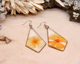 Diamond Shaped Earrings | California Poppy Earrings | Real California Poppy Jewelry | Wildflower Earrings | California Jewelry Earrings