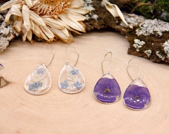 Silver Teardrop Pressed Flower Earrings | Real Pressed Flower Earrings | Teardrop Pressed Flower Jewelry | Wildflower Jewelry Earrings